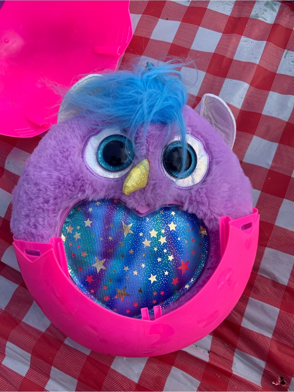 Purple Plush Toy Bird with Sparkle Heart - Bright Blue Hair